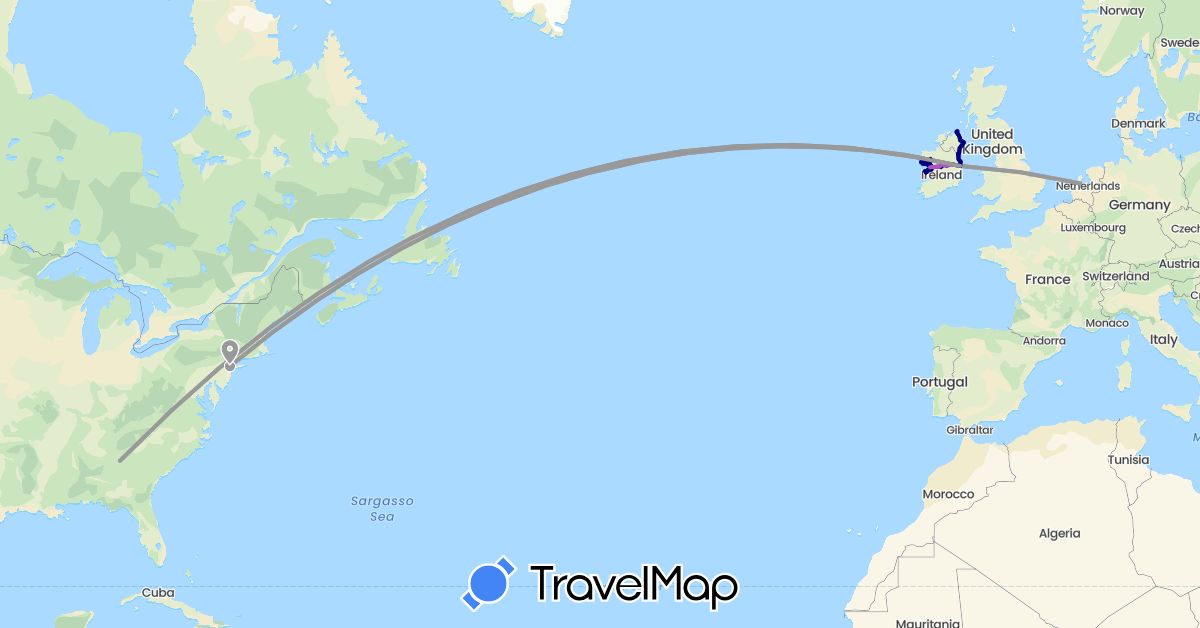 TravelMap itinerary: driving, plane, train, boat in United Kingdom, Ireland, Netherlands, United States (Europe, North America)