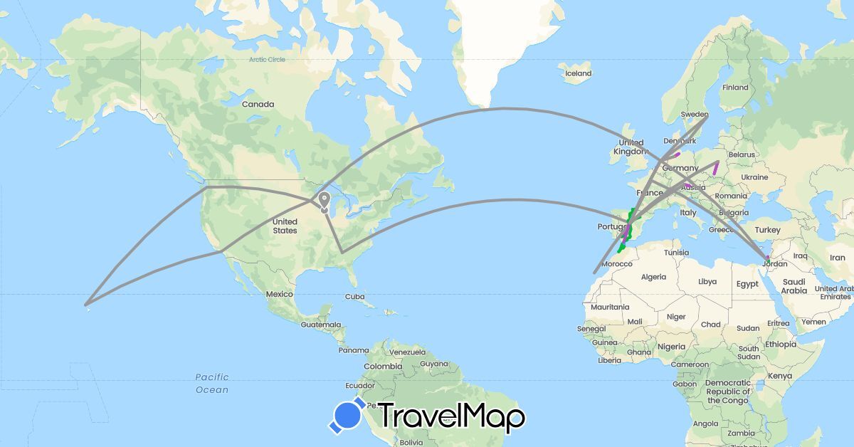 TravelMap itinerary: driving, bus, plane, train, boat in Austria, Switzerland, Germany, Denmark, Spain, France, Israel, Morocco, Netherlands, Poland, Sweden, United States (Africa, Asia, Europe, North America)